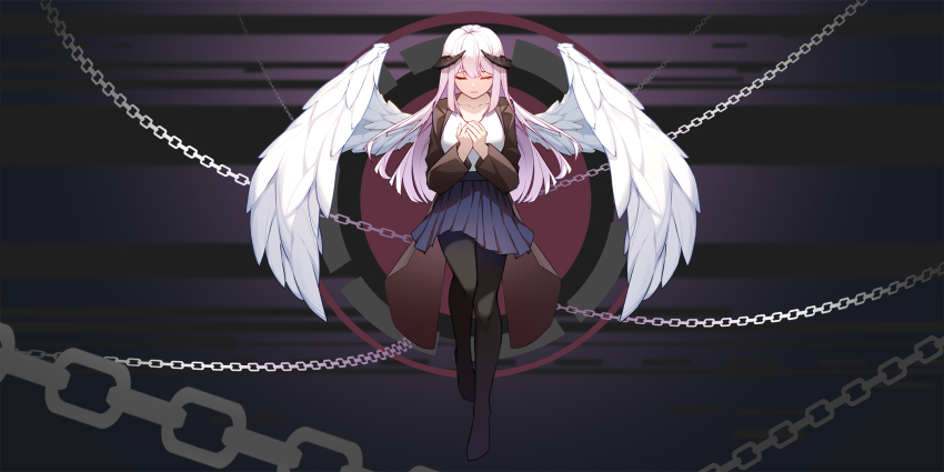 1girl :| abstract_background black_skirt chain closed_eyes closed_mouth dark_background floating full_body gradient_background head_tilt highres horns jacket leria_v long_hair no_shoes original own_hands_together pantyhose pleated_skirt shadow shirt shirt_tucked_in skirt very_long_hair white_hair white_shirt wings