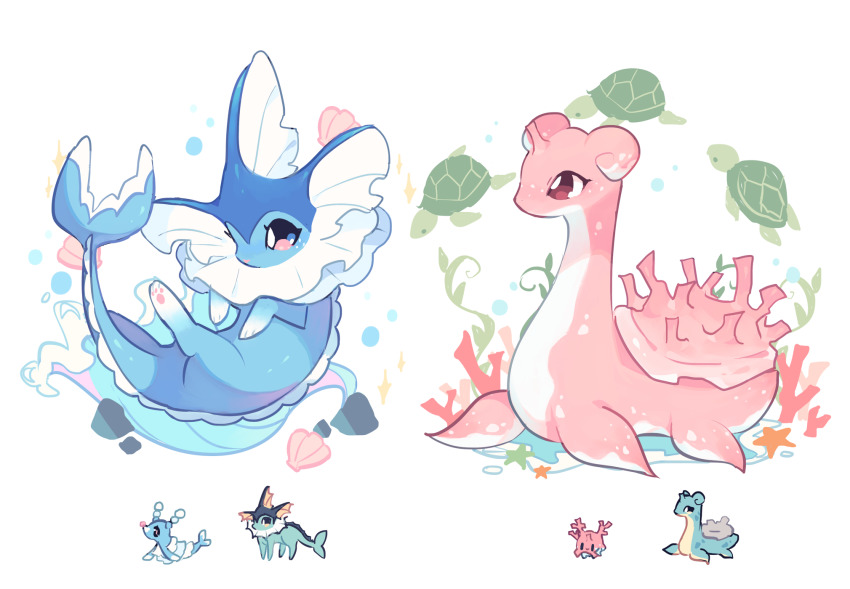 blue_sclera brionne bubble charamells chibi chibi_inset colored_sclera coral corsola full_body fusion gen_1_pokemon gen_2_pokemon gen_7_pokemon highres lapras nintendo no_humans pawpads pink_eyes pokemon pokemon_(creature) seashell shell simple_background sparkle starfish turtle vaporeon water white_background white_eyes