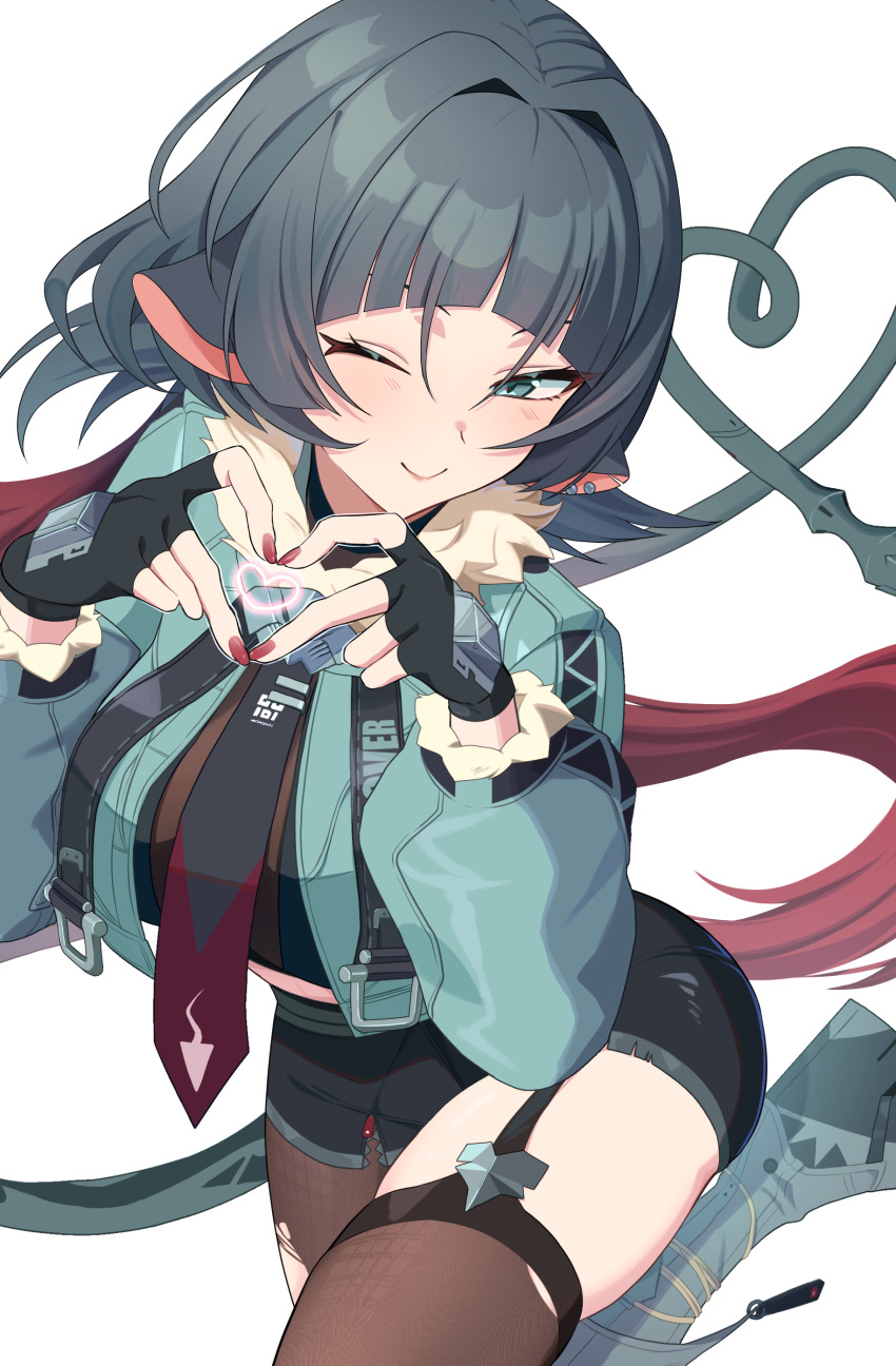 1girl absurdres animal_ears black_gloves black_necktie black_shorts blush closed_mouth commentary_request fingernails four-finger_heart_hands fur-trimmed_jacket fur_trim garter_straps gloves green_eyes green_hair green_jacket hair_intakes heart heart_hands heart_tail high-waist_shorts highres jacket jane_doe_(zenless_zone_zero) long_hair long_tail looking_at_viewer midriff mouse_ears mouse_girl mouse_tail nail_polish necktie one_eye_closed pantyhose red_nails ruaruayana shorts simple_background single_garter_strap single_leg_pantyhose single_thighhigh skindentation smile solo tail thighhighs thighs torn_clothes torn_pantyhose torn_thighhighs white_background zenless_zone_zero