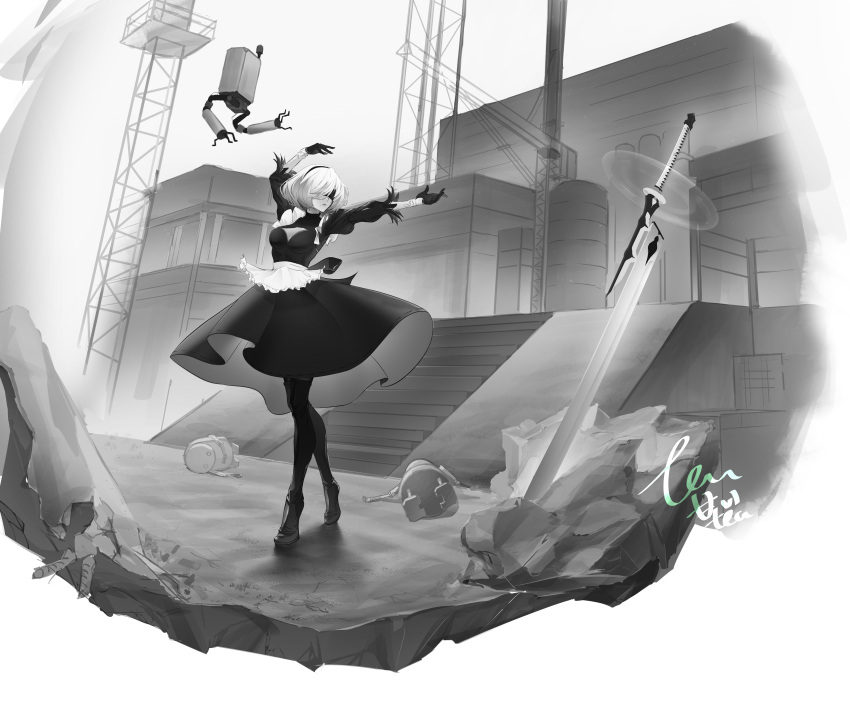 1girl 2others absurdres adapted_costume alternate_costume apron black_dress blindfold boots bracer breasts cleavage_cutout clothing_cutout covered_eyes dress enmaided factory feather-trimmed_sleeves full_body gloves greyscale hairband highres huge_weapon juliet_sleeves long_sleeves machine_(nier) maid medium_breasts monochrome multiple_others nier:automata nier_(series) planted planted_sword planted_weapon pod_(nier:automata) puffy_sleeves shi_boyuan short_hair solo standing sword thigh_boots tiptoes virtuous_treaty waist_apron weapon wind wind_lift 2b_(nier:automata)