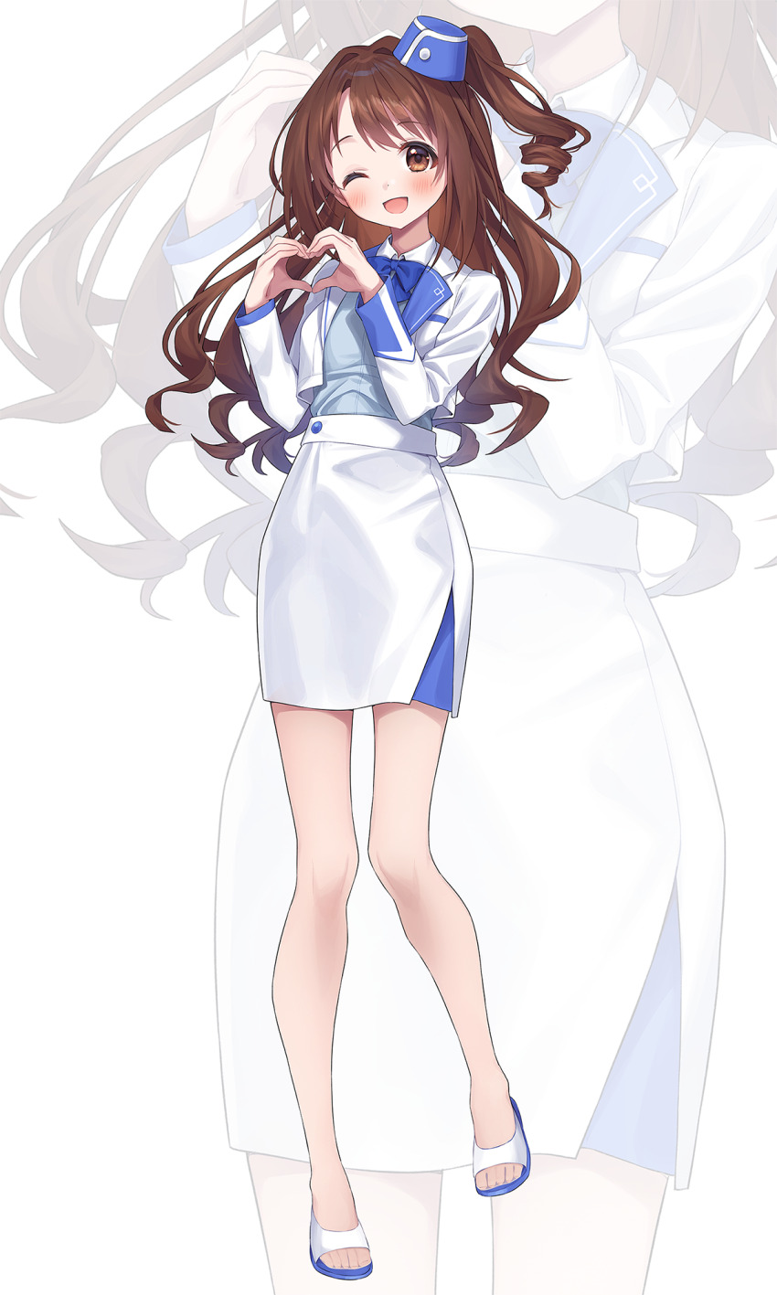 1girl ;d blue_bow blue_hat blue_sandals blue_shirt blush bow brown_eyes brown_hair chobi_(penguin_paradise) commentary_request full_body hands_up hat heart heart_hands highres idolmaster idolmaster_cinderella_girls jacket looking_at_viewer mini_hat one_eye_closed one_side_up open_mouth sandals shimamura_uzuki shirt simple_background skirt smile solo standing standing_on_one_leg tilted_headwear white_background white_jacket white_skirt zoom_layer