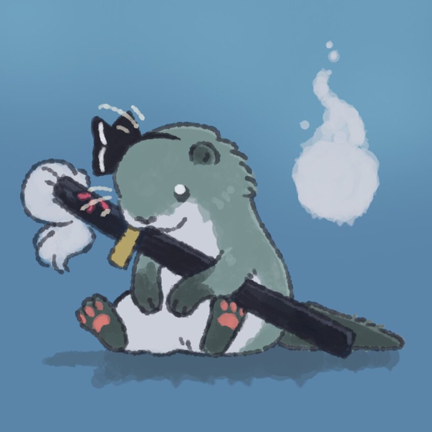 1other animal animal_ears black_hairband burnthomework cosplay green_fur hairband highres hitodama katana konpaku_youmu konpaku_youmu_(cosplay) multicolored_fur otter otter_ears otter_spirit_(touhou) simple_background sitting solo sword touhou weapon white_fur