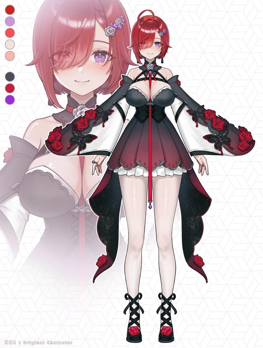1girl absurdres artist_name between_breasts black_corset black_dress black_shoes breasts butterfly_ornament closed_mouth color_guide corset dress eyes_visible_through_hair flower footwear_flower gradient_clothes gradient_dress grey_flower grey_rose hair_flower hair_ornament hair_over_one_eye highres jewelry mole mole_on_breast mole_on_cheek multiple_moles noixen original purple_eyes purple_nails red_dress red_flower red_hair red_rose ring rose shoes short_hair smile wide_sleeves