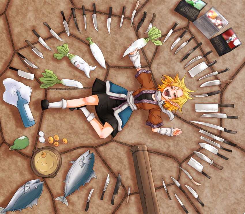 1girl alcohol alice_margatroid arm_cannon arm_warmers black_dress blonde_hair bottle brown_jacket cleaver commentary_request computer control_rod_(touhou) cookie_(touhou) daikon dc_comics dress fish food fruit full_body green_eyes hakurei_reimu highres hinase_(cookie) holding holding_food izayoi_sakuya jacket joker_(cookie) knife laptop laughing lying mizuhashi_parsee multicolored_jacket nabe on_back on_ground open_mouth orange_(fruit) pointy_ears pot radish reiuji_utsuho reu_(cookie) reu_daikon sake sake_bottle sash scarf short_hair short_sleeves solo spill suicide_squad too_many too_many_knives touhou tuna weapon white_sash white_scarf yan_pai