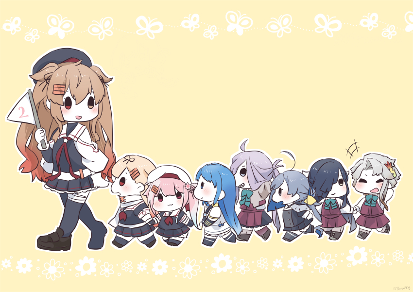 6+girls :3 absurdres ahoge akishimo_(kancolle) asashimo_(kancolle) asashimo_kai_ni_(kancolle) asymmetrical_clothes asymmetrical_hair asymmetrical_legwear black_gloves black_hair blonde_hair blue_hair blush bug butterfly chibi closed_eyes cosplay flag flower gloves gradient_hair grey_hair hair_ornament hair_over_one_eye hair_ribbon hairclip harusame_(kancolle) hayashimo_(kancolle) heterochromia highres holding insect kantai_collection kiyoshimo_(kancolle) light_brown_hair long_hair mini_person minigirl multicolored_hair multiple_girls murasame_(kancolle) murasame_kai_ni_(kancolle) musashi_(kancolle) musashi_(kancolle)_(cosplay) musashi_kai_ni_(kancolle) nami_nami_(belphegor-5812) open_mouth pink_hair ponytail ribbon sailor_collar samidare_(kancolle) scarf school_uniform serafuku sharp_teeth side_ponytail simple_background skirt smile teeth twintails two_side_up uneven_legwear white_scarf yellow_background yuudachi_(kancolle) yuudachi_kai_ni_(kancolle)