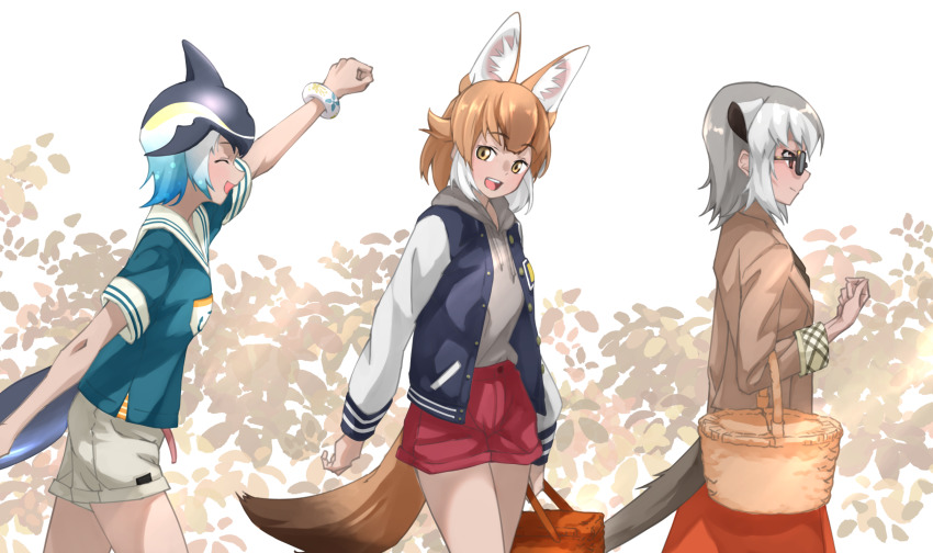 3girls animal_ears arm_up basket beige_coat black_hair blonde_hair blowhole blue_hair blue_jacket blue_shirt blush casual cetacean_tail clenched_hand coat common_dolphin_(kemono_friends) cowboy_shot dhole_(kemono_friends) dog_ears dog_girl dog_tail dolphin_girl dorsal_fin drawstring extra_ears fins fish_tail glasses grey_hair grey_hoodie highres hood hood_down hoodie jacket kemono_friends kemono_friends_3 letterman_jacket light_brown_hair long_sleeves meerkat_(kemono_friends) meerkat_ears meerkat_tail multicolored_hair multicolored_jacket multiple_girls official_alternate_costume plaid_trim red_shorts red_skirt sailor_collar shirt short_hair short_shorts short_sleeves shorts skirt t-shirt tail tanabe_(fueisei) two-tone_hair two-tone_jacket white_hair white_jacket white_shorts yellow_eyes