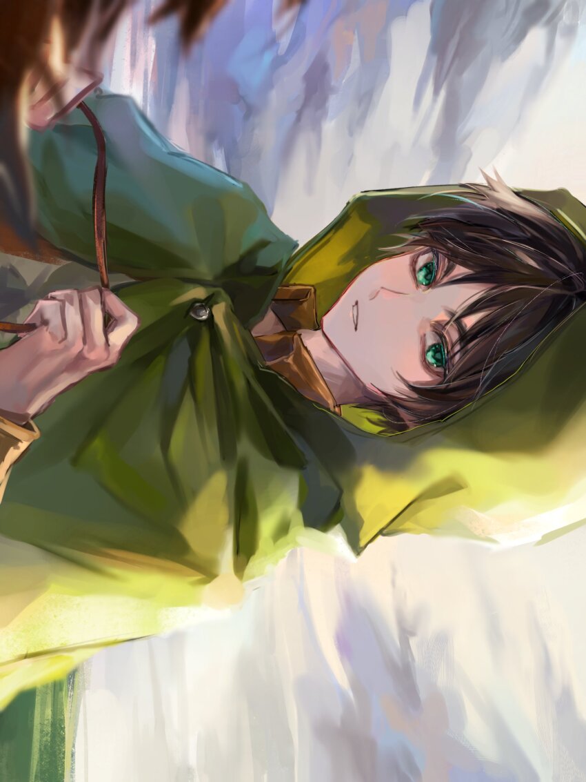 1boy brown_hair brown_jacket cloak cloud cloudy_sky eren_yeager green_cloak green_eyes highres holding holding_reins hood hood_up hooded_cloak horseback_riding jacket looking_at_viewer male_focus moruru_08 outdoors parted_bangs parted_lips reins riding shingeki_no_kyojin short_hair sky solo upper_body