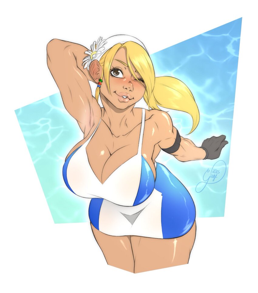 1girl armband armpits artist_name bandana blonde_hair blush breasts cleavage flower gage_199x gloves hair_flower hair_ornament huge_breasts muscular muscular_female one_eye_closed ponytail sega sega_water_ski shampoo_(sega_water_ski) shiny_skin skirt smile swimsuit tan tanline thick_lips thick_thighs thighs toned toned_female wink