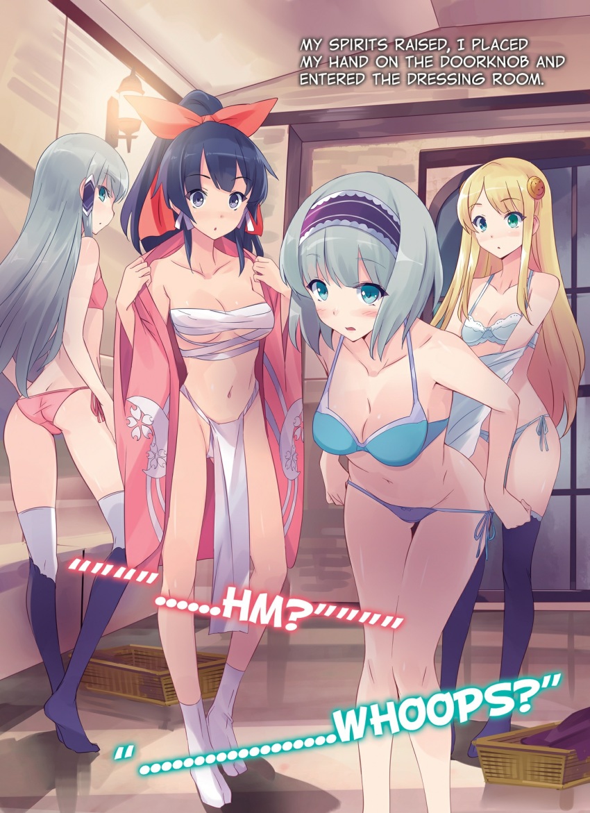 4girls bikini blonde_hair blue_eyes bra breasts else_shileska english_text fundoshi green_eyes grey_hair heterochromia highres isekai_wa_smartphone_to_tomo_ni. japanese_clothes kimono kokonoe_yae linse_shileska medium_breasts multiple_girls novel_illustration official_art panties ribbon sarashi side-tie_bikini_bottom side-tie_panties small_breasts swimsuit thighhighs underwear undressing usatsuka_eiji yukata yumina_elnea_belfast