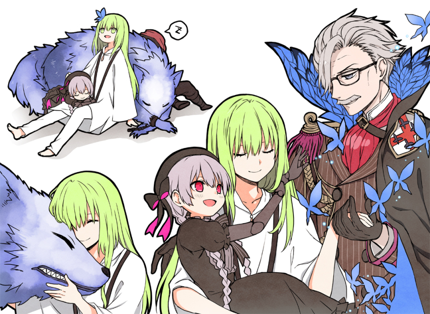 1girl 1other 2boys ascot barefoot black_cloak black_gloves braid bug butterfly cloak closed_eyes commentary_request doll_joints enkidu_(fate) facial_hair fate/grand_order fate_(series) glasses gloves green_eyes green_hair grey_eyes grey_hair hair_over_one_eye headless hessian_(fate) insect james_moriarty_(archer)_(fate) joints lap_pillow low_twin_braids mature_male multiple_boys mustache nursery_rhyme_(fate) pants red_ascot red_eyes robe sharp_teeth sitting sleeping spoken_zzz teeth twin_braids white_pants white_robe wolf yoyo_9ea zzz