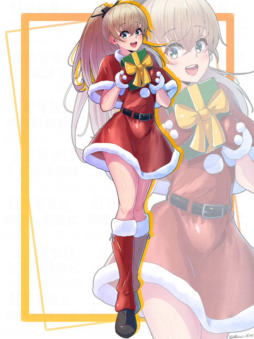1girl absurdres aqua_hair blue_eyes blush boots breasts brown_hair capelet christmas dress full_body fur-trimmed_capelet fur-trimmed_dress fur_trim gloves hair_ornament hairclip highres kantai_collection kumano_(christmas)_(kancolle) kumano_(kancolle) long_hair looking_at_viewer mittens open_mouth ponytail red_capelet red_dress red_gloves red_mittens santa_costume small_breasts smile solo white_background yoko_hata zoom_layer