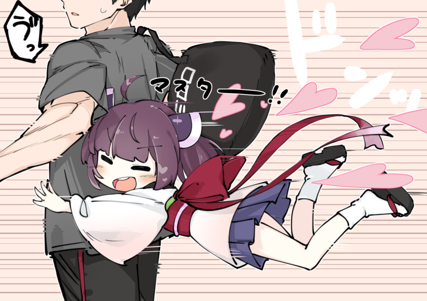 1boy 1girl :d =_= ahoge brown_hair heart hug hug_from_behind japanese_clothes kimono konori_(ahurerukuiizi) obi open_mouth pouncing sash smile teeth touhoku_kiritan translated upper_teeth_only voiceroid