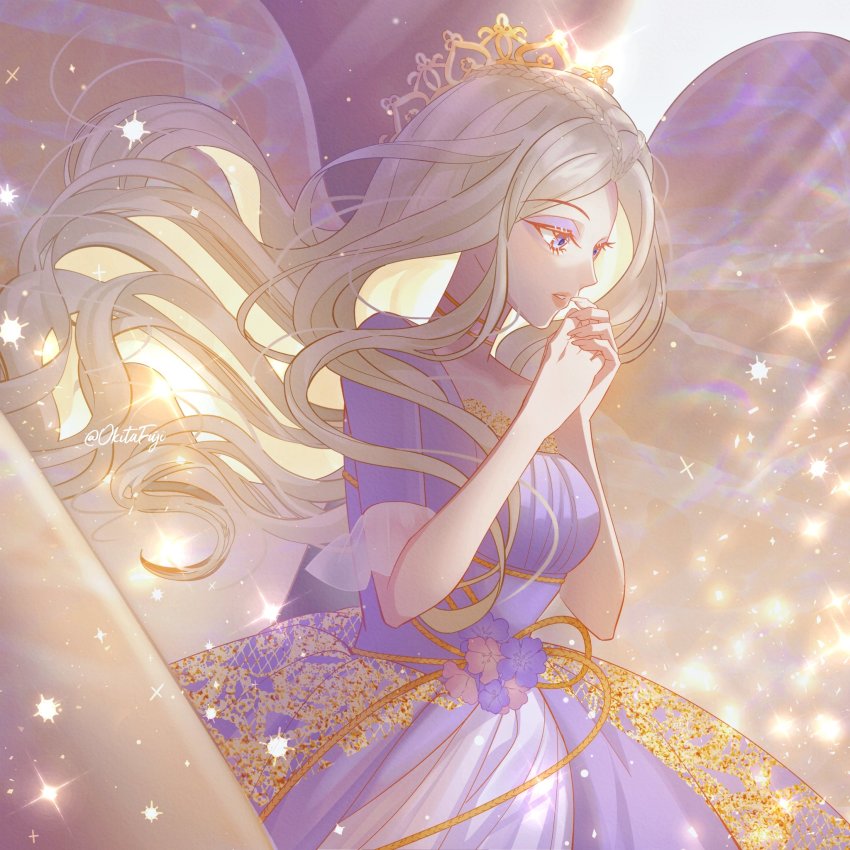 1girl angel barbie_(franchise) bikini blonde_hair braid breasts crown doll dress eyeshadow finger_to_mouth flower formal_clothes frilled_bikini frilled_sleeves frills gold_belt gold_trim golden_wings gown highres lace_skirt lace_trim purple_dress long_hair makeup medium_breasts okitafuji overskirt princess purple_dress purple_eyes purple_eyeshadow solo sparkle square_neckline swimsuit tiara wings