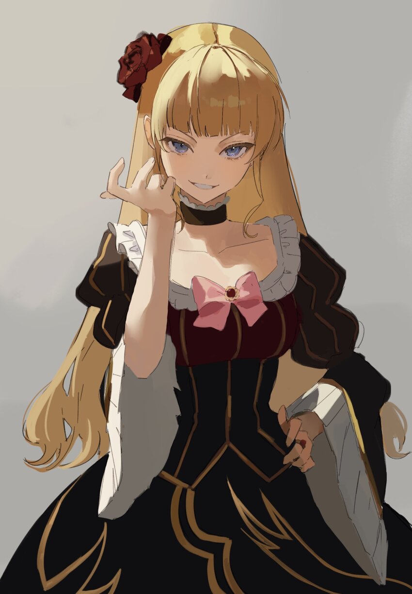 1girl beatrice_(umineko) blonde_hair blue_eyes bow bowtie brown_dress collarbone dress flower grey_background grin hair_flower hair_ornament hand_on_own_hip highres jewelry katsubaoo long_hair looking_at_viewer official_alternate_hairstyle pink_bow pink_bowtie red_flower red_rose ring rose simple_background smile solo umineko_no_naku_koro_ni wide_sleeves
