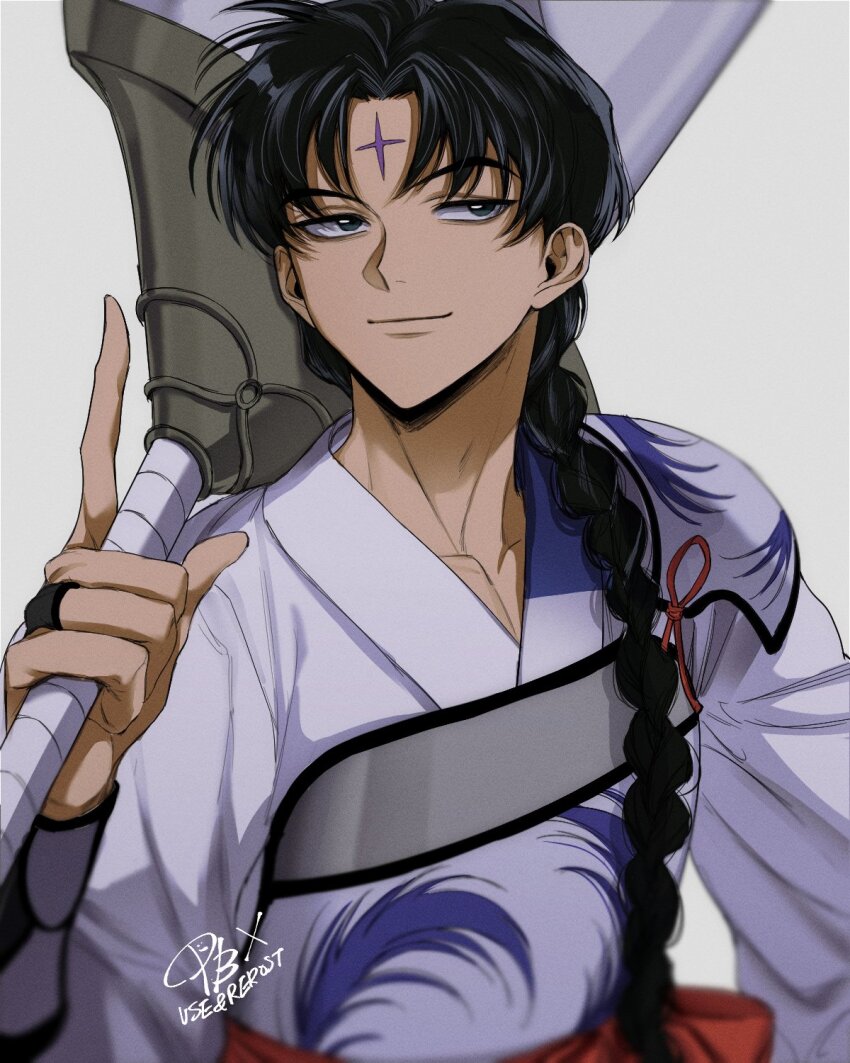 1boy bankotsu_(inuyasha) black_hair braid facial_mark forehead_mark grey_background grey_eyes highres holding holding_weapon inuyasha japanese_clothes kimono long_hair m_m_pb male_focus pointing pointing_up simple_background single_braid single_shoulder_pad solo weapon white_kimono