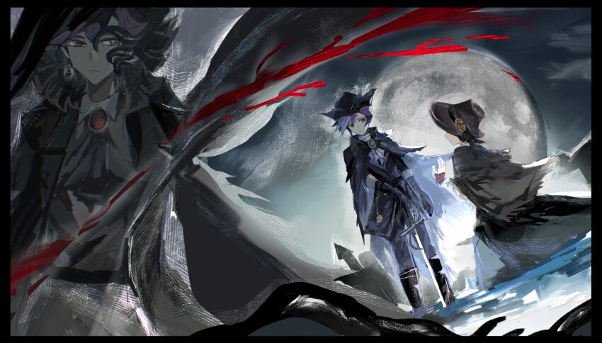 1girl 2boys ai_(yu-gi-oh!) alternate_form ascot behind_another black_ascot black_boots black_border black_cape black_dress black_hair black_pants black_tunic boots border brown_hat bucket_hat cape colored_bangs dappled_moonlight dress dress_shirt facing_another facing_to_the_side fujiki_yusaku full_moon green_eyes grey_sky hat highres holding holding_sword holding_weapon looking_to_the_side moon moonlight multiple_boys night night_sky on_rooftop outdoors outstretched_arm pants pirate_hat rooftop screen0624 shirt sky spiked_hair sword torn_cape torn_clothes tunic weapon white_ascot white_shirt wind yu-gi-oh! yu-gi-oh!_vrains