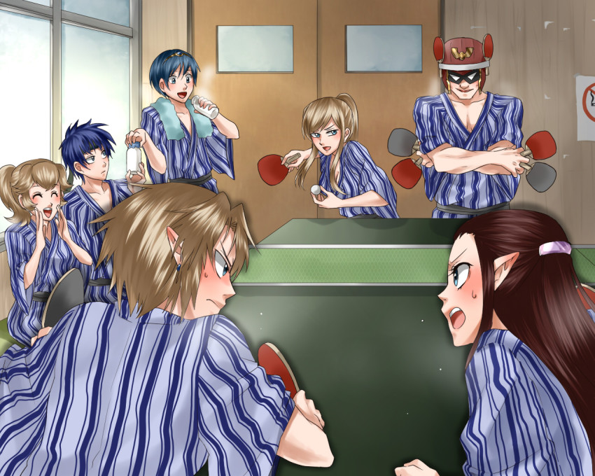 3girls 4boys blonde_hair blue_eyes blue_hair blue_kimono bottle brown_hair captain_falcon f-zero fire_emblem fire_emblem:_mystery_of_the_emblem fire_emblem:_path_of_radiance ike_(fire_emblem) japanese_clothes kimono link mario_(series) marth_(fire_emblem) metroid milk milk_bottle multiple_boys multiple_girls nintendo paddle princess_peach princess_zelda samus_aran striped_clothes striped_kimono super_smash_bros. sweatdrop table_tennis table_tennis_paddle the_legend_of_zelda the_legend_of_zelda:_twilight_princess vertical-striped_clothes vertical-striped_kimono wasabi_(legemd) yukata