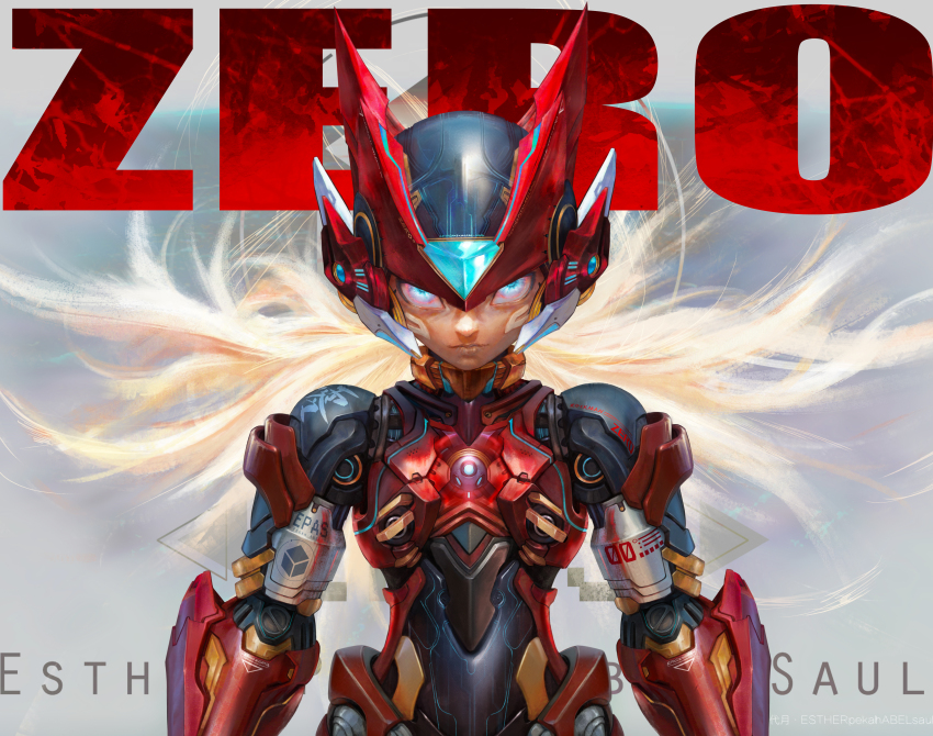 1boy absurdres android armor blonde_hair blue_eyes character_name forehead_jewel helmet highres long_hair male_focus mega_man_(series) mega_man_zero_(series) narcissus111 red_armor red_helmet solo upper_body zero(z)_(mega_man) zero_(mega_man)
