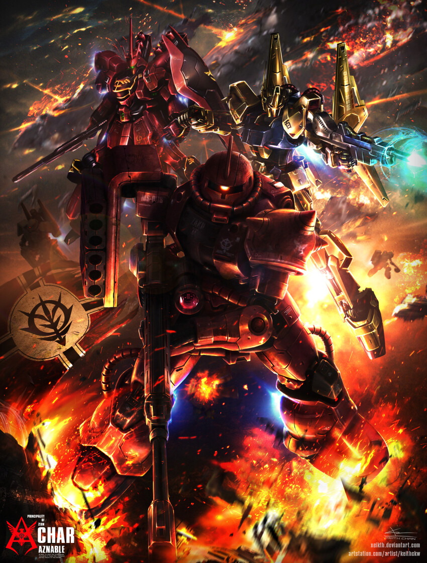 absurdres arm_shield artist_name artstation_username axe character_name clenched_hand commentary deviantart_username emblem energy_gun english_commentary english_text explosion fire flag green_eyes gun gundam gundam_unicorn highres holding holding_axe holding_gun holding_weapon hyaku_shiki keithckw looking_at_viewer mecha mecha_focus mobile_suit_gundam_the_origin no_humans one-eyed red_eyes rifle robot scope shoulder_spikes sinanju sniper_rifle spikes watermark weapon web_address zaku zaku_ii zaku_ii_s_char_custom zeon zeta_gundam
