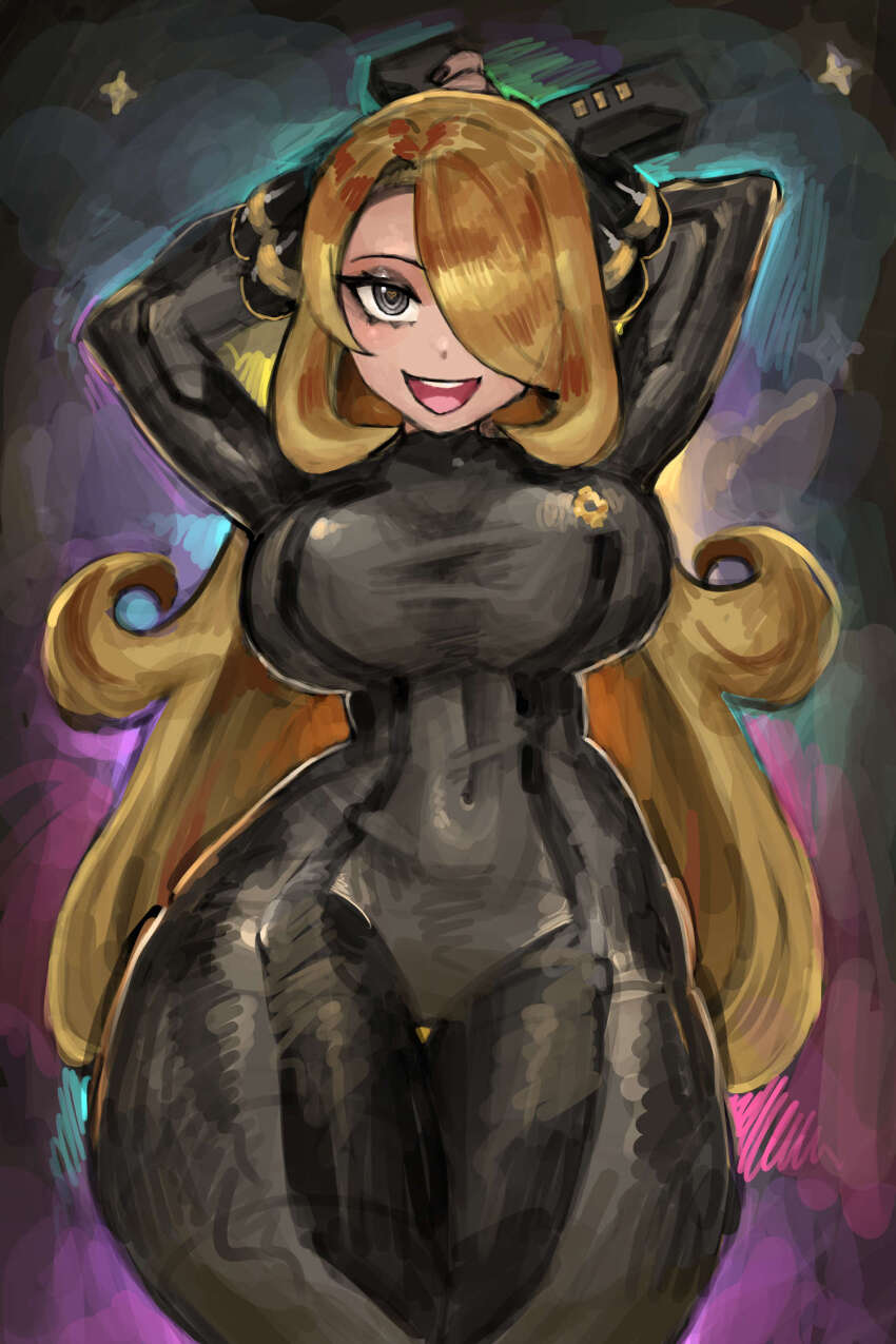 1girl arms_behind_head arms_up black_bodysuit black_eyes blonde_hair bodysuit breasts cowboy_shot creatures_(company) cynthia_(pokemon) game_freak gun hair_over_one_eye heart heart-shaped_pupils highres holding holding_gun holding_weapon large_breasts long_hair metroid missing_commentary nintendo pokemon pokemon_dppt ringed_eyes saiykik solo symbol-shaped_pupils weapon zero_suit