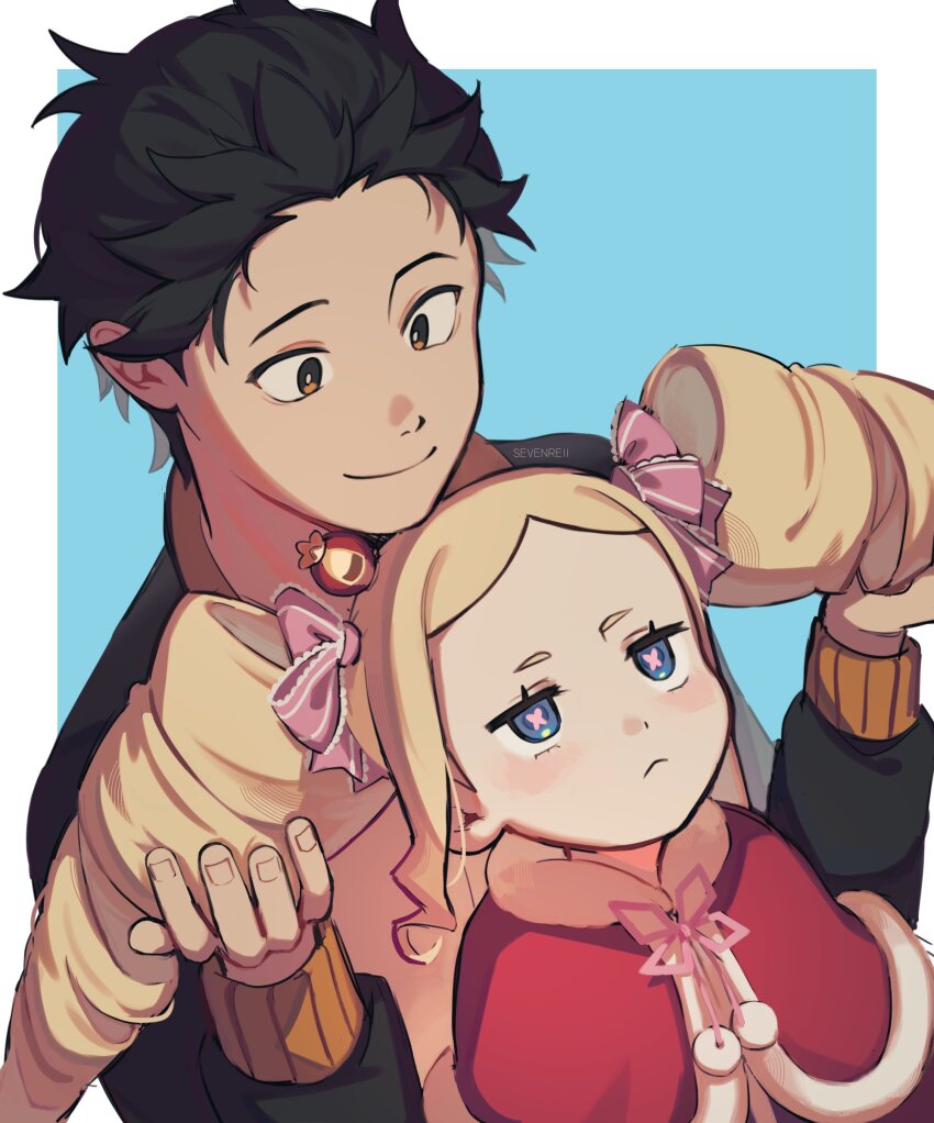 1boy 1girl absurdres artist_name beatrice_(re:zero) black_hair black_jacket blonde_hair blue_background blue_eyes border bow butterfly-shaped_pupils capelet closed_mouth commentary crown english_commentary fingernails fur-trimmed_capelet fur_trim hair_bow hands_up highres holding_another&#039;s_hair jacket long_hair long_sleeves looking_at_another mini_crown natsuki_subaru neck_ribbon orange_eyes outside_border pink_bow pink_ribbon pom_pom_(clothes) puffy_long_sleeves puffy_sleeves re:zero_kara_hajimeru_isekai_seikatsu red_capelet ribbon sevenreii sidelocks simple_background smile symbol-shaped_pupils twintails upper_body white_border