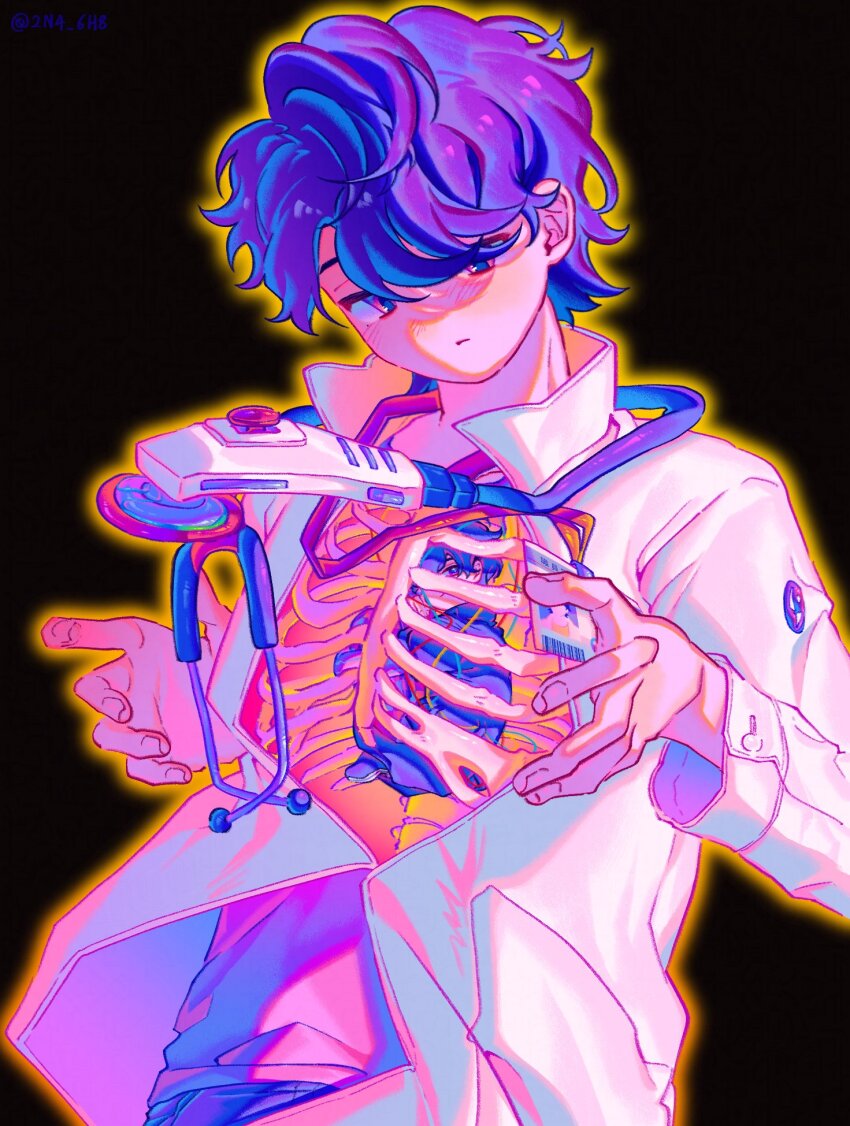 2boys black_background blue_pants commentary_request fetal_position highres houjou_emu kamen_rider kamen_rider_ex-aid_(series) lab_coat looking_at_viewer male_focus max_(2n4_6h8) multiple_boys pants parad pink_eyes pink_shirt purple_hair ribs shirt short_hair stethoscope tokusatsu