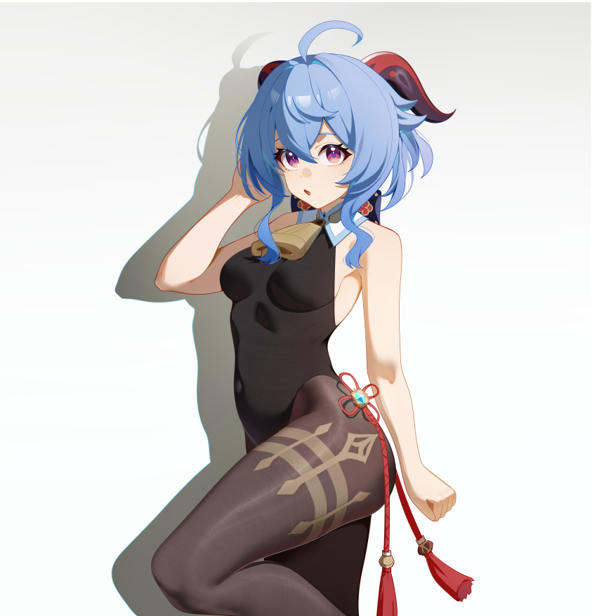1girl absurdres ahoge bell black_leotard black_pantyhose blue_hair bodystocking bodystocking_only bodysuit breasts covered_navel ganyu_(genshin_impact) genshin_impact highres horns jewelry leg_up leotard leotard_under_clothes long_hair looking_at_viewer medium_breasts neck_bell open_mouth pantyhose purple_eyes reikonn sideboob sidelocks solo standing thighlet thighs white_background