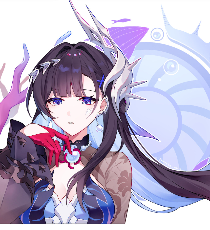 1girl absurdres black_hair blue_dress blue_eyes blue_hair breasts colored_inner_hair commentary_request dress gloves hair_intakes hair_ornament hand_up highres honkai:_star_rail honkai_(series) hysilens_(honkai:_star_rail) long_hair long_sleeves medium_breasts multicolored_hair nirako_mona partial_commentary red_gloves shrug_(clothing) solo very_long_hair white_background