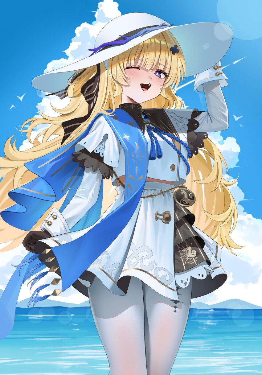 1girl absurdres black_bow black_collar black_gloves blonde_hair blue_eyes blue_gemstone blue_sash blue_sky blush bow breasts bright_pupils cloud cloudy_sky collar commentary cowboy_shot day gem gloves hair_bow hair_ornament hair_spread_out hand_on_own_hat hand_up hashtag-only_commentary hat high-waist_skirt highres long_hair long_sleeves looking_at_viewer maru_(marunouchi77) medium_breasts one_eye_closed open_mouth outdoors pantyhose phoebe_(wuthering_waves) sash shirt skirt sky smile solo striped_bow tacet_mark_(wuthering_waves) teeth upper_teeth_only very_long_hair water white_hat white_pantyhose white_pupils white_shirt white_skirt wind wuthering_waves x_hair_ornament
