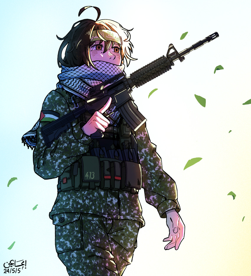 1boy absurdres ar-15 backlighting brown_eyes brown_hair bulletproof_vest chest_rig dated empty_eyes gun hamas headband highres israel-hamas_war keffiyeh leaf magazine_(weapon) military military_combat_uniform military_uniform mole mole_under_eye original palestine palestinian_flag rifle scarf sma3in soldier war watermark weapon wind