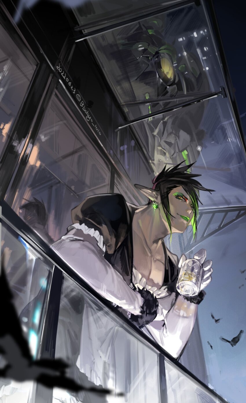 1boy black_dress black_hair bokyo closed_mouth collarbone cup dated dress drinking_glass earrings elbow_gloves eyeshadow from_below gloves gradient_hair green_eyeshadow green_hair green_lips hanabatake_chaika hanabatake_chaika_(1st_costume) hanabatake_chaika_(5th_costume) highres holding holding_cup jewelry makeup male_focus mecha multicolored_eyeshadow multicolored_hair nijisanji on_railing pointy_ears puffy_short_sleeves puffy_sleeves railing red_eyes reflection robot short_sleeves twitter_username virtual_youtuber white_gloves yellow_eyes