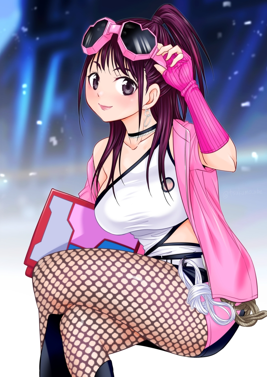 1girl abe_tsukumo belt black_footwear black_skirt blush boots breasts choker collarbone earrings eyewear_on_head fingerless_gloves fishnets gloves heart heart-shaped_eyewear highres holding jacket jewelry large_breasts long_hair looking_at_viewer mayuta_(king-ohger) ohsama_sentai_king-ohger open_clothes open_jacket pantyhose pink_gloves pink_jacket ponytail purple_eyes purple_hair shirt short_sleeves sitting skirt sleeveless sleeveless_shirt smile sunglasses sunglasses_on_head super_sentai tablet_pc white_belt white_shirt