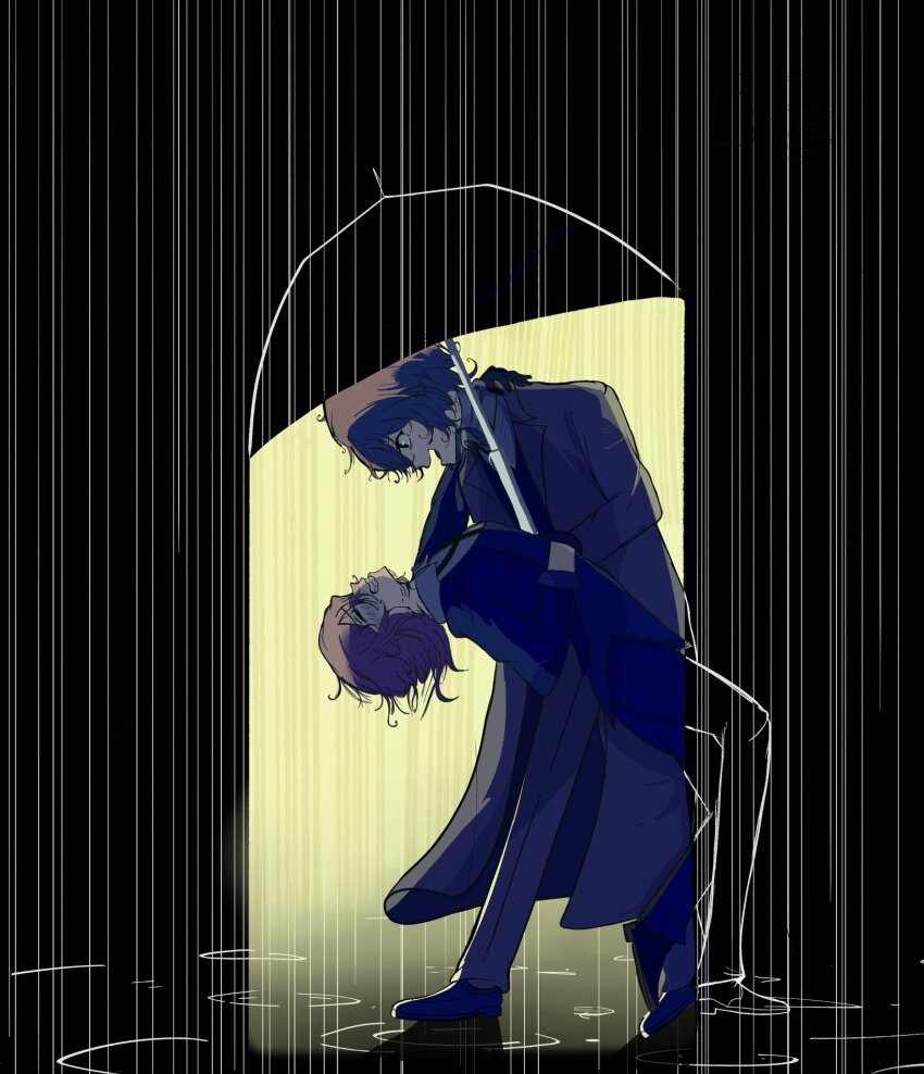 2boys bending_backward black_coat black_gloves black_suit brown_hair bungou_stray_dogs clenched_teeth closed_eyes coat collared_shirt dancing dazai_osamu_(bungou_stray_dogs) formal_clothes full_body gloves glowing hand_on_another&#039;s_back hand_on_own_chest highres holding holding_umbrella looking_at_another messy_hair multiple_boys nakahara_chuuya_(bungou_stray_dogs) open_mouth pikpip puddle rain shirt short_hair spot_color standing suit teeth umbrella white_shirt