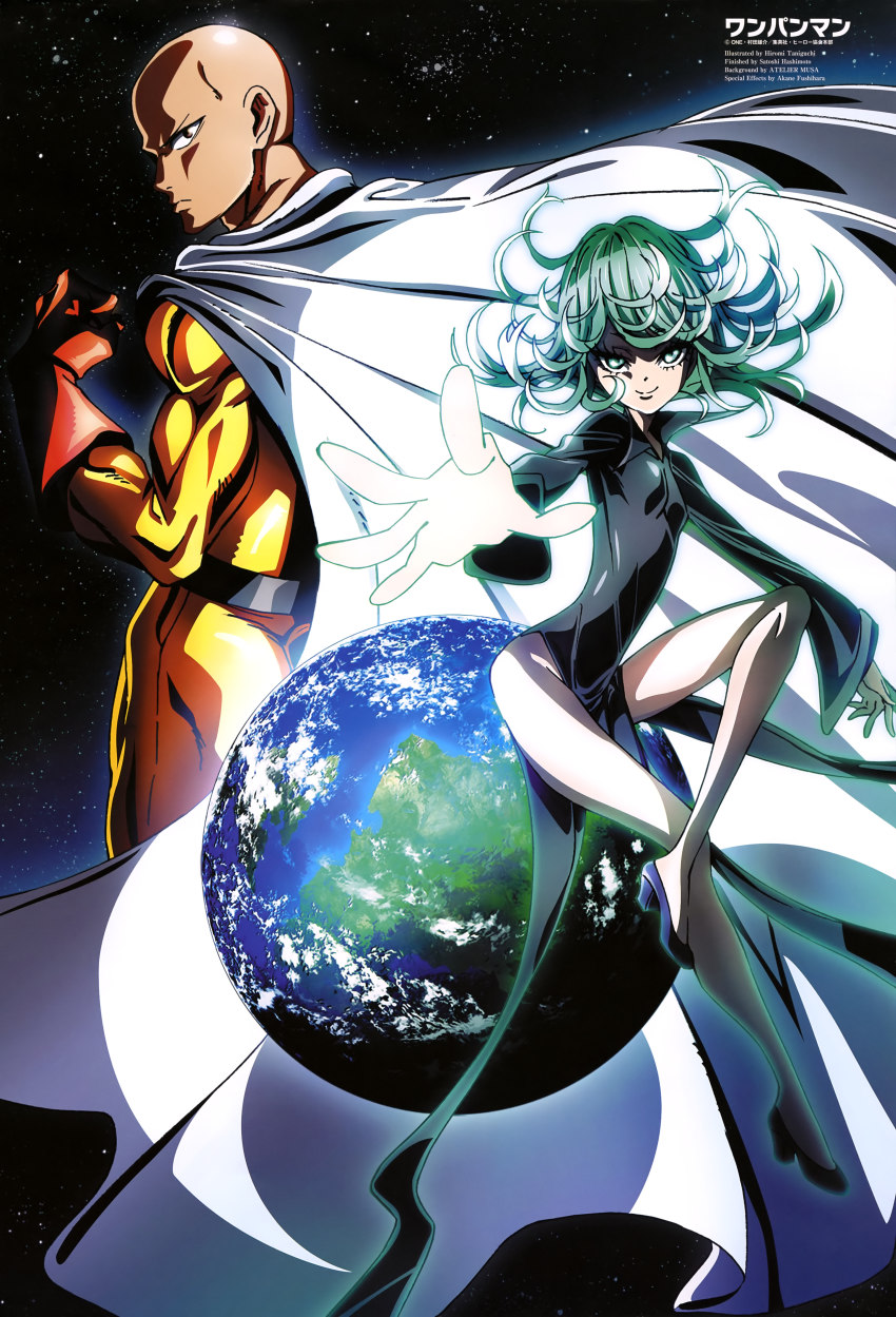 1boy 1girl absurdres aura bald bare_legs black_dress breasts cape curly_hair dress earth_(planet) glowing glowing_eyes green_eyes green_hair high_heels highres hold_out_hand matching_hair/eyes official_art one-punch_man outstretched_hand pelvic_curtain planet saitama_(one-punch_man) short_hair smile taniguchi_hiromi tatsumaki