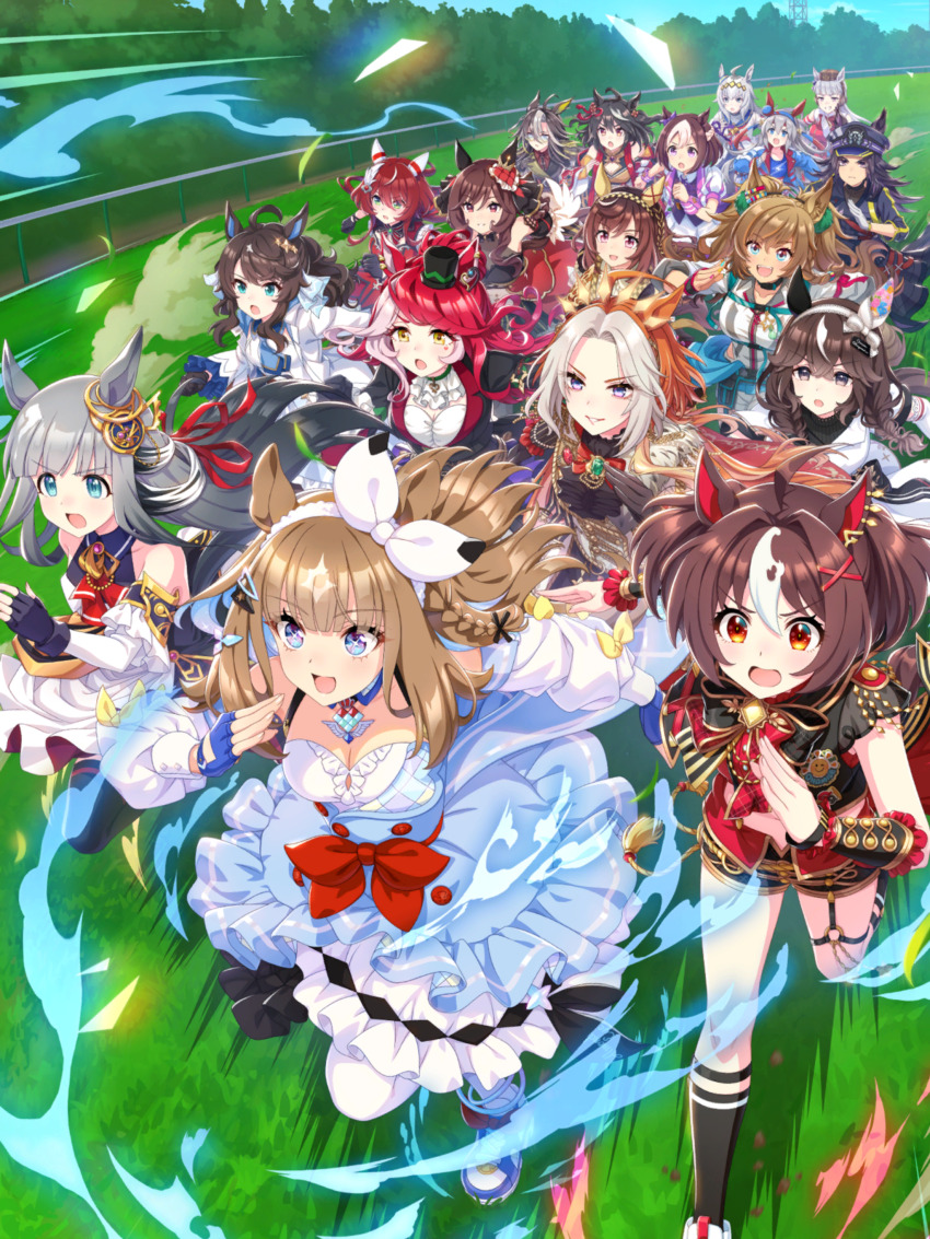 6+girls absurdres almond_eye_(umamusume) animal_ears bad_link black_hair blast_onepiece_(umamusume) brown_hair buena_vista_(umamusume) chrono_genesis_(umamusume) colored_inner_hair curren_bouquetd&#039;or_(umamusume) daring_tact_(umamusume) dream_journey_(umamusume) earrings fenomeno_(umamusume) gentildonna_(umamusume) gold_ship_(umamusume) gran_alegria_(umamusume) grass grey_hair highres horse_ears horse_girl horse_racing_track horse_tail jewelry kitasan_black_(umamusume) long_hair long_sleeves loves_only_you_(umamusume) multicolored_hair multiple_girls official_art oguri_cap_(umamusume) orfevre_(umamusume) running sky smile special_week_(umamusume) tail tamamo_cross_(umamusume) umamusume win_variation_(umamusume)