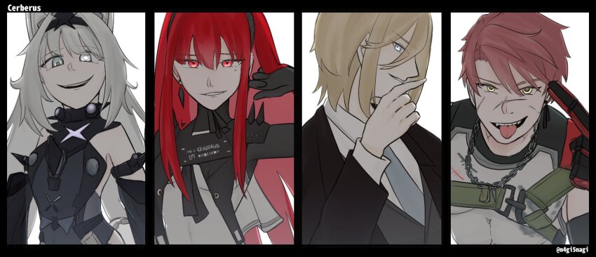 2boys 2girls animal_ears black_bodysuit black_hairband black_suit blonde_hair blue_eyes bodysuit chain collared_bodysuit collared_shirt detached_sleeves earrings evil_smile facial_scar formal_clothes grey_eyes grey_hair grey_necktie hair_intakes hairband highres jewelry light_brown_hair long_hair long_sleeves mechanical_arms mechanical_hands medium_hair mismatched_pupils multiple_boys multiple_girls murray_(pgr) n4gi5nagi necktie no._21:_feral_scent_(pgr) no._21_(pgr) noctis_(pgr) open_mouth parted_lips punishing:_gray_raven red_eyes red_hair scar scar_on_cheek scar_on_face scar_on_nose shirt short_hair sidelocks single_mechanical_arm single_mechanical_hand smile spiked_bodysuit suit teeth tongue tongue_out twitter_username two-tone_bodysuit upper_teeth_only vera:_rozen_(pgr) vera_(pgr) white_bodysuit white_shirt wolf_ears yellow_eyes