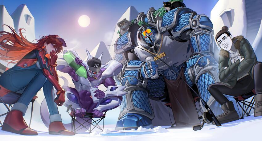 1girl 3boys absurdres adeptus_astartes alpha_legion alpharius_(warhammer_40k) armor baseball_cap bottle can chaos_space_marine chudjak cooler_(dragon_ball) crossed_arms crossover cup dragon_ball dragonball_z drink_can english_text fishing_rod glasses hat highres holding holding_bottle holding_cup holding_fishing_rod ice_fishing kamitoge_supino mecha_pilot_suit monster_energy multiple_boys multiple_crossover neon_genesis_evangelion pauldrons plugsuit_(evangelion) pouring rebuild_of_evangelion shoulder_armor smoking soda_bottle soda_can souryuu_asuka_langley space_marine third-party_source warhammer_40k