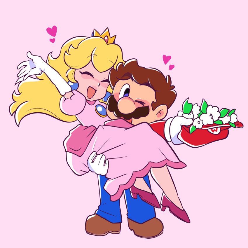 1boy 1girl blonde_hair blue_eyes brown_hair carolinerdraws carrying carrying_person chest_jewel crown cu_s dress earrings facial_hair flower gloves grin hat heart high_heels highres jewelry long_hair looking_at_another looking_at_viewer mario mario_(series) mustache nintendo one_eye_closed open_mouth overalls pink_dress princess_carry princess_peach smile spoken_heart standing super_princess_peach wink
