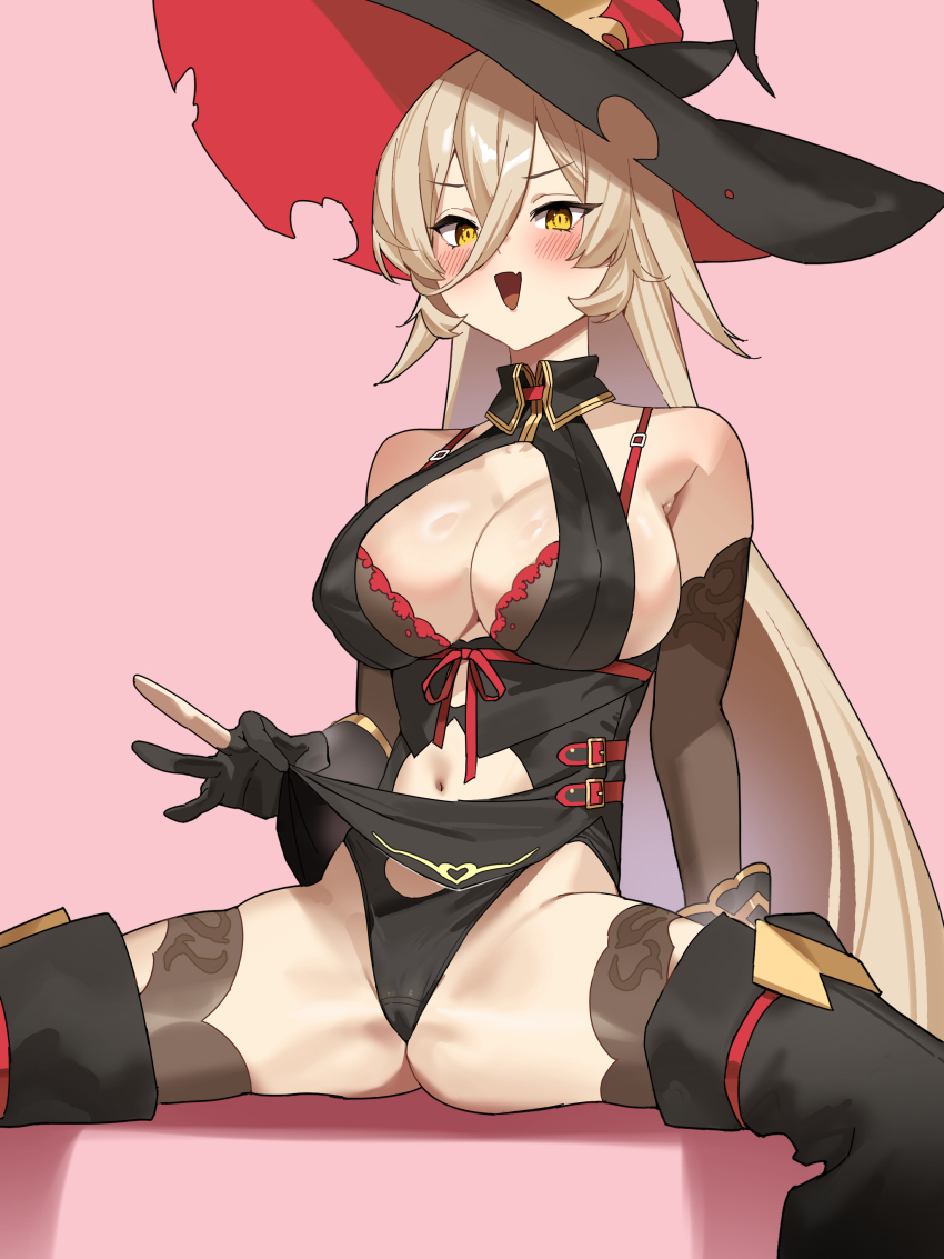 1girl absurdres bare_shoulders black_dress black_gloves black_hat blonde_hair breasts cleavage clothes_lift clothing_cutout commentary_request dress dress_lift gloves gluteal_fold hair_between_eyes hat highres kuroi_suna large_breasts lifting_own_clothes long_hair looking_at_viewer navel navel_cutout nijisanji nui_sociere nui_sociere_(1st_costume) pink_background simple_background sitting solo stomach thighhighs thighs torn_clothes torn_hat very_long_hair virtual_youtuber witch_hat yellow_eyes