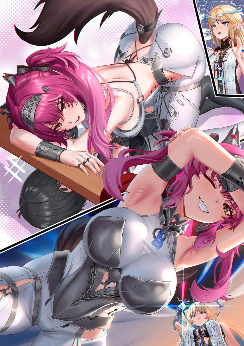 3girls absurdres armor armpits arms_up ass backless_bodysuit bare_shoulders black_bow black_collar black_hair blonde_hair blue_eyes blue_hair blush bodysuit bow breastplate breasts cartethyia_(wuthering_waves) collar colored_inner_hair commentary crown_of_thorns cruzvu earrings english_commentary female_rover_(wuthering_waves) fleurdelys_(wuthering_waves) girl_on_top grin hair_bow hairband headgear highres holding holding_sword holding_weapon horns jewelry large_breasts long_hair long_horns looking_at_viewer lupa_(wuthering_waves) medium_breasts metal_hairband multicolored_hair multiple_girls multiple_rings necklace one_eye_closed open_mouth paid_reward_available parted_bangs pink_hair pointy_ears pout red_pupils ring rover_(wuthering_waves) single_horn smile sword tabard tacet_mark_(wuthering_waves) tail textless_version transformation weapon white_bodysuit white_tabard wolf_tail wrist_guards wuthering_waves yellow_eyes yellow_horns