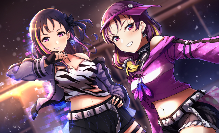 2girls :d animal_print belt black_gloves black_shorts black_skirt crop_top earrings feathers fingerless_gloves gloves hair_ornament hair_rings half_gloves halterneck highres jacket jewelry kazuno_leah kazuno_sarah lavender_jacket light_blush long_sleeves looking_at_viewer love_live! love_live!_sunshine!! multicolored_hair multiple_girls navel off-shoulder_sweater off_shoulder open_clothes open_jacket open_mouth otsumami_(otsu-mugi) parted_bangs purple_eyes purple_headwear saint_snow scrunchie shorts siblings sisters skirt smile streaked_hair sweater thigh_strap two-tone_hair visor_cap zebra_print