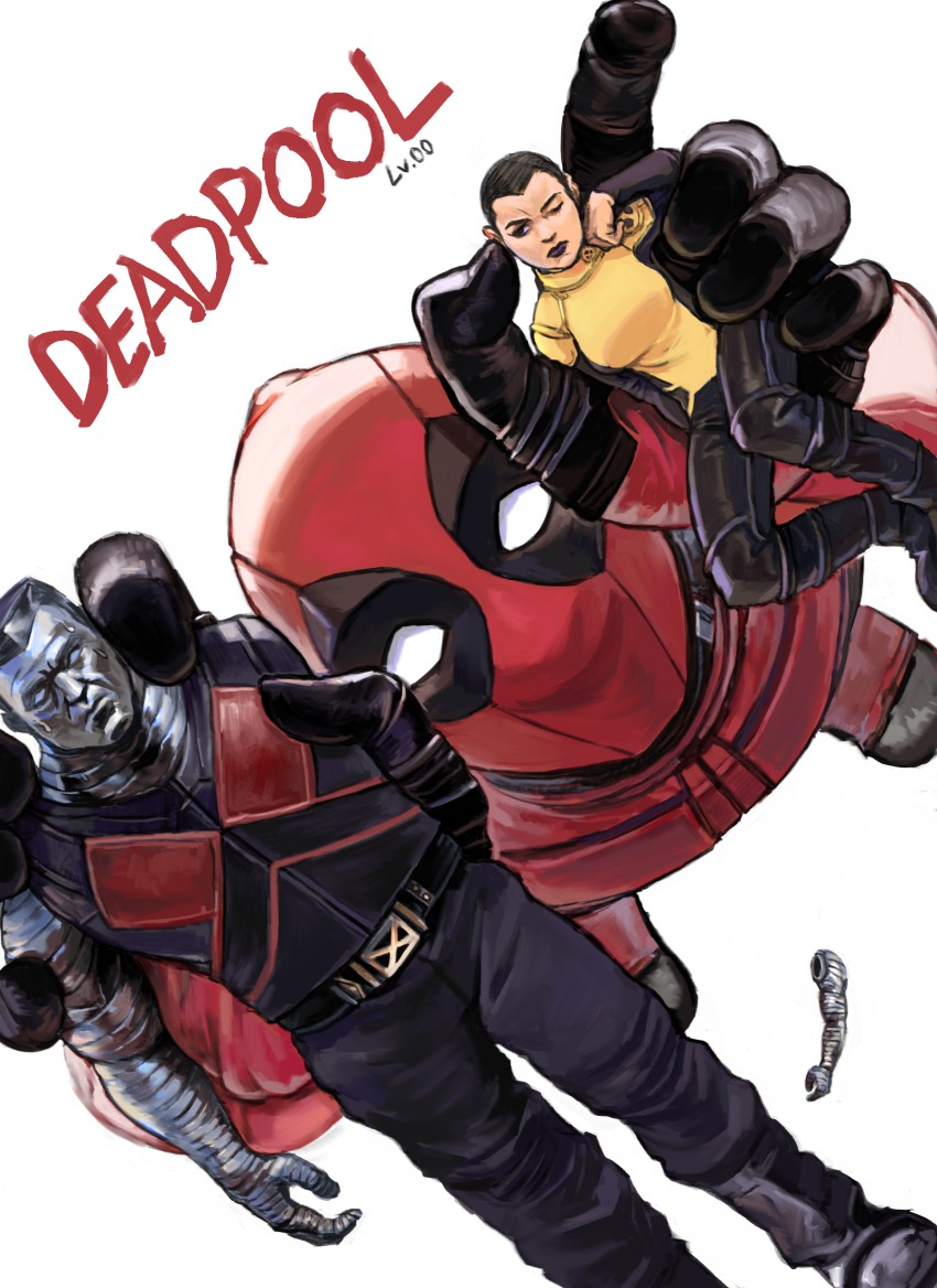 10s 1girl 2boys action_figure animification black_hair bodysuit character_name colossus_(x-men) deadpool deadpool_(movie) deadpool_(series) from_above highres holding level-00 marvel mask metal_skin multiple_boys negasonic_teenage_warhead revision severed_limb shaved_head signature superhero_costume x-men x-men_film_series