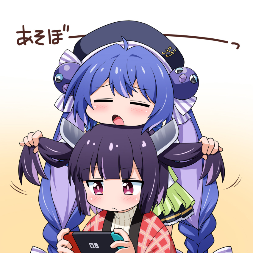 2girls akou_roushi blue_hair blue_hat blush braid closed_eyes closed_mouth commentary_request gradient_background hand_on_another&#039;s_head handheld_game_console hat headgear highres holding holding_another&#039;s_hair holding_handheld_game_console japanese_clothes kimono long_hair multiple_girls nintendo_switch open_clothes open_kimono open_mouth otomachi_una pink_eyes playing_games purple_hair red_kimono ribbed_sweater short_hair sweater touhoku_kiritan translation_request twin_braids vocaloid voiceroid white_sweater