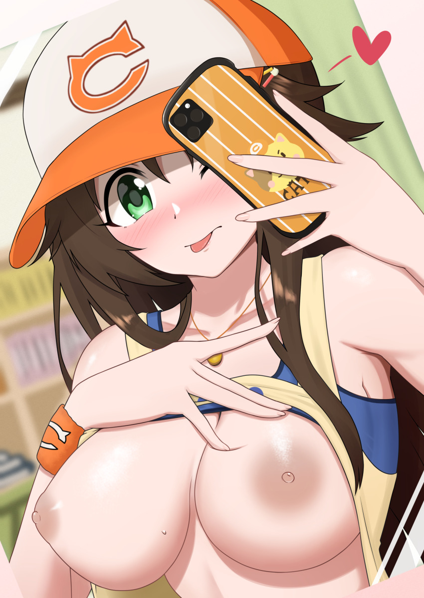 1girl absurdres bare_shoulders baseball_cap breasts brown_hair cellphone clothes_lift green_eyes hat highres himekawa_yuki idolmaster idolmaster_cinderella_girls jewelry large_breasts mirror necklace nipples no_bra one_eye_closed phone selfie shiny_skin shirt_lift tagme tongue tongue_out tonzura_(tonzura0920) wink