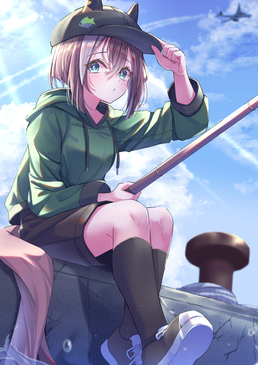 1girl aircraft airplane animal_ears black_hat black_shoes black_shorts black_socks blue_eyes brown_hair cheval_grand_(casual)_(umamusume) cheval_grand_(umamusume) cloud commentary_request day drawstring ears_through_headwear fishing fishing_rod green_hoodie hair_between_eyes hand_on_headwear hat highres holding holding_fishing_rod hood hoodie horse_ears horse_girl horse_tail kneehighs long_sleeves looking_at_viewer multicolored_hair outdoors shoes short_hair_with_long_locks shorts sitting socks solo streaked_hair sunlight tail takenaka_takeshi umamusume white_hair