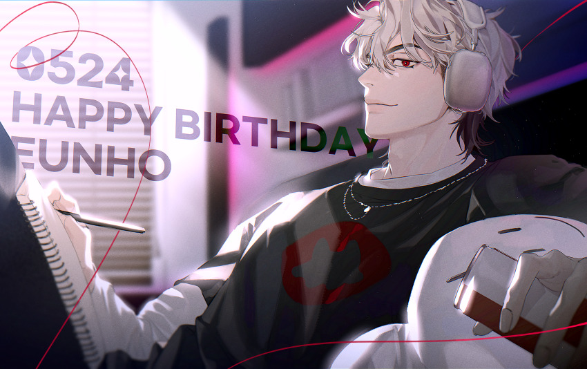 1boy black_hair black_shirt can character_name closed_mouth drink_can eunho_(plave) from_side happy_birthday headphones highres holding holding_can holding_pen jewelry k-pop light_rays long_sleeves male_focus multicolored_hair nakddidi necklace pen plave red_eyes shirt short_hair sketchbook smile solo two-tone_hair white_hair white_shirt