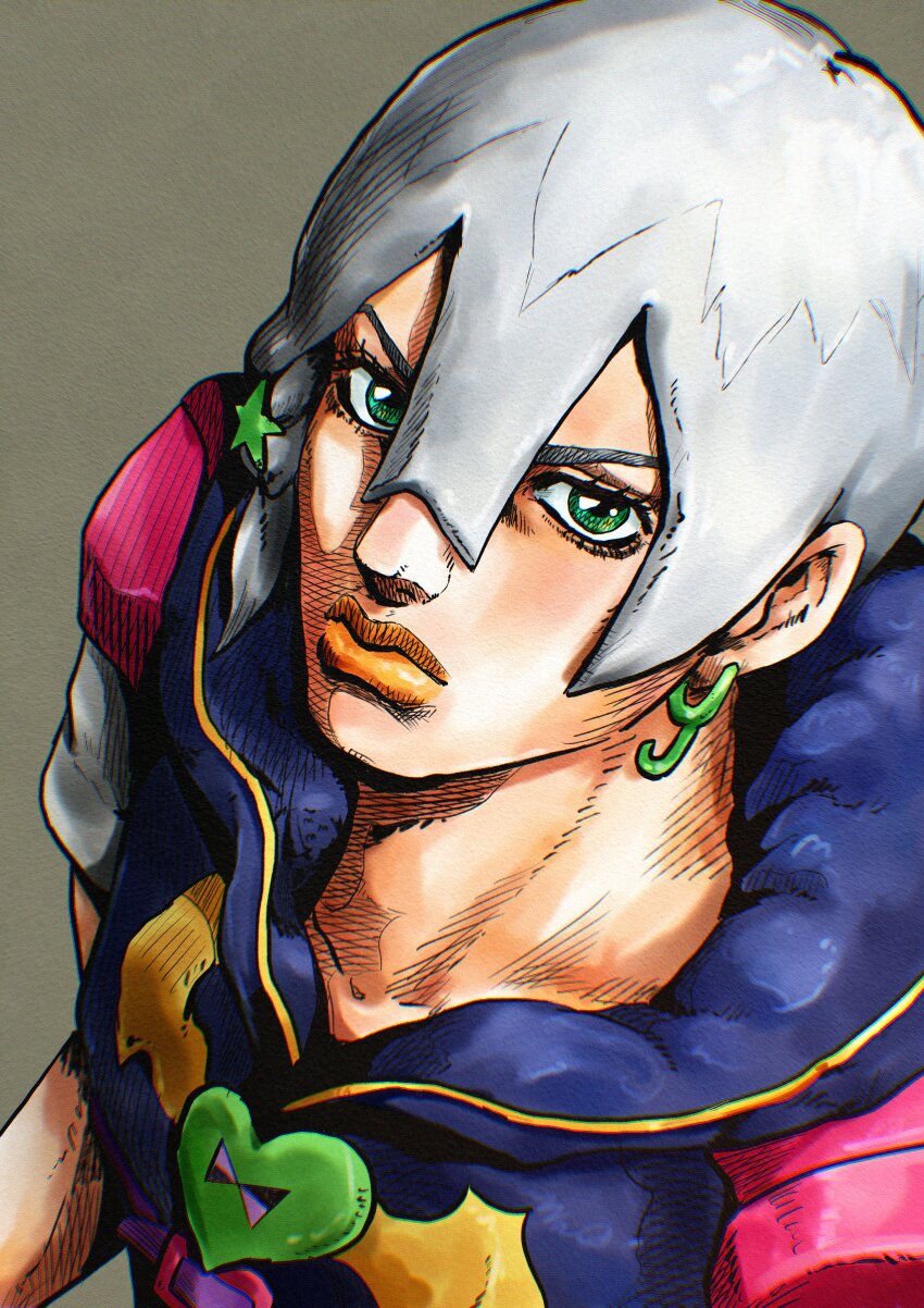 1boy absurdres araki_hirohiko_(style) blue_hoodie braid closed_mouth commentary earrings from_above green_eyes grey_background grey_hair grey_sleeves hair_between_eyes hair_ornament hatching_(texture) heart heart_ornament highres hood hood_down hoodie jewelry jodio_joestar jojo_no_kimyou_na_bouken kaib0y long_bangs looking_at_viewer male_focus orange_lips short_hair short_sleeves side_braid single_braid single_earring solo star_(symbol) star_hair_ornament the_jojolands traditional_media upper_body