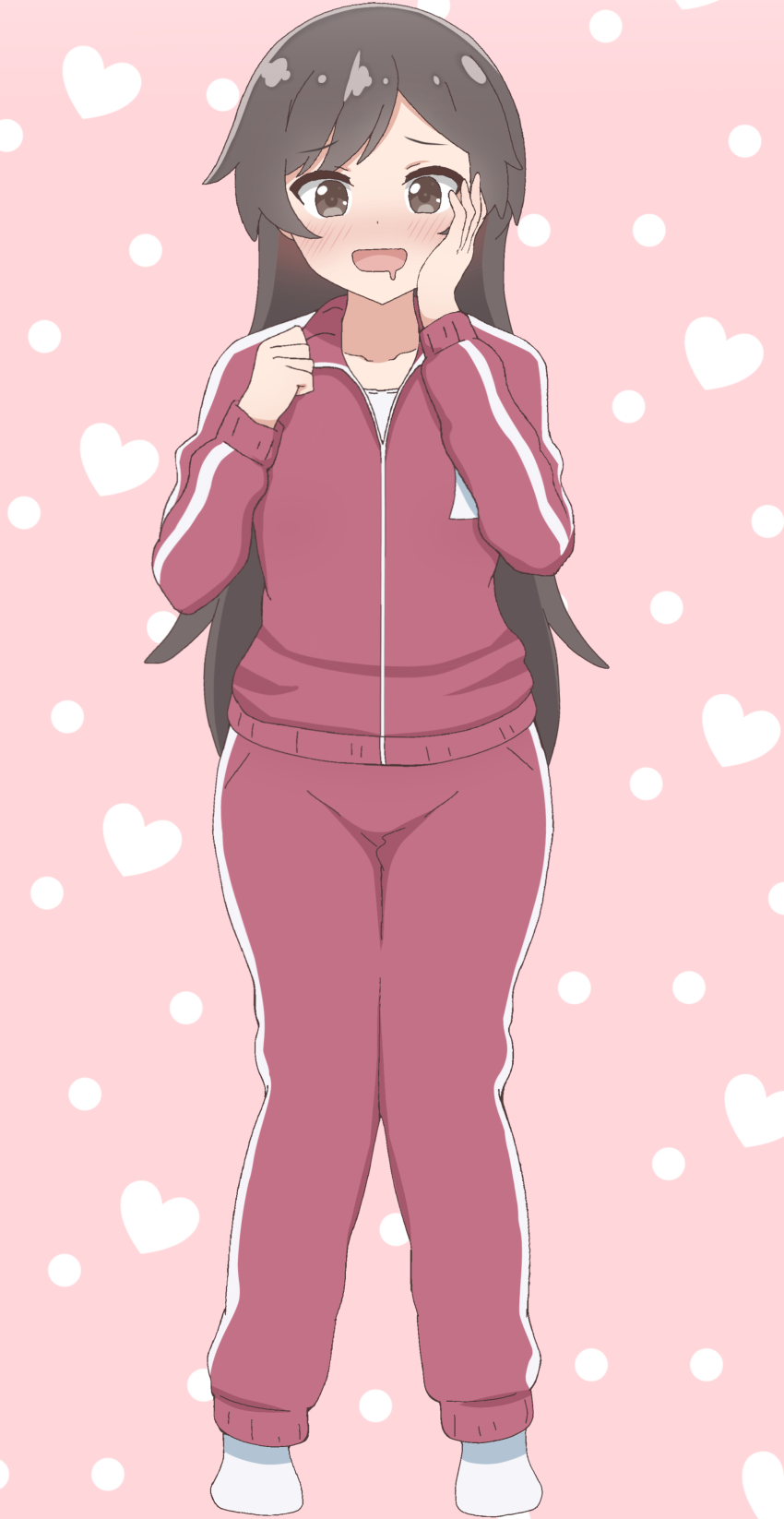 1girl absurdres blush brown_hair drooling full_body heart heart_background highres jacket long_hair long_sleeves looking_at_viewer matsumoto_kouko no_shoes open_mouth pants pink_background poa_mellhen red_jacket red_pants red_track_suit smile socks solo standing swept_bangs track_jacket track_pants track_suit very_long_hair watashi_ni_tenshi_ga_maiorita! white_socks