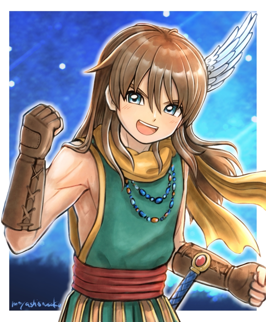 1boy :d aqua_eyes arm_guards ashlay_(dq10) bead_necklace beads blue_background blurry blurry_background border brown_gloves brown_hair clenched_hands commentary dragon_quest dragon_quest_x fake_head_wings fingerless_gloves floating_clothes floating_hair gloves green_tabard head_wings highres jewelry long_hair looking_to_the_side male_focus moyapippi muscular muscular_male necklace open_mouth orange_scarf outdoors red_sash sash scarf single_head_wing smile solo sword tabard teeth upper_body upper_teeth_only weapon white_border wings