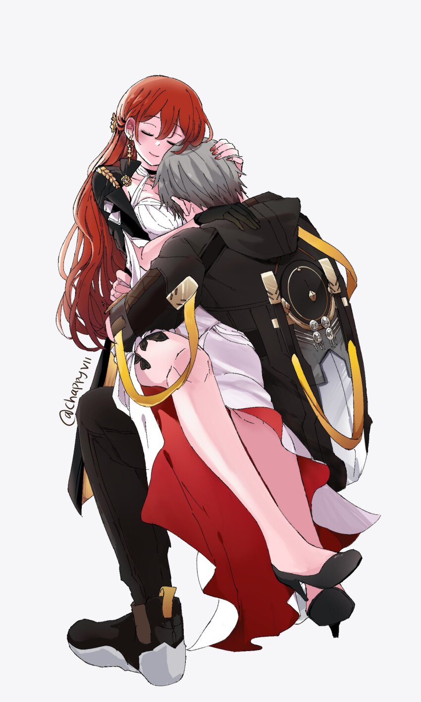 1girl absurdres between_breasts black_shoes breasts caelus_(honkai:_star_rail) chappyvii dress face_between_breasts full_body head_between_breasts high_heels highres himeko_(honkai:_star_rail) honkai:_star_rail honkai_(series) red_hair shoes simple_background solo trailblazer_(honkai:_star_rail) twitter_username white_dress